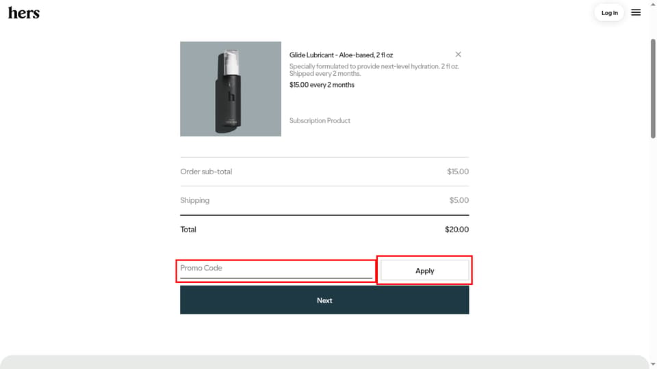 Hers checkout page showing the Promo Code field and Apply button