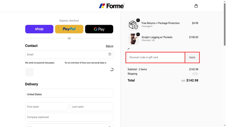 Forme checkout page showing the Discount code or gift card field and Apply button
