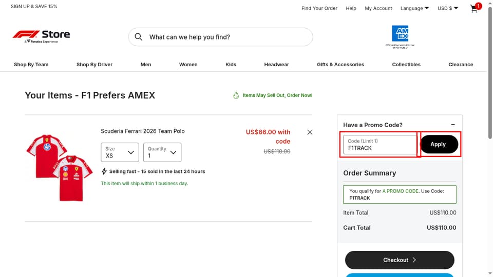Formula 1 checkout page showing the Code (Limit 1) field and Apply button