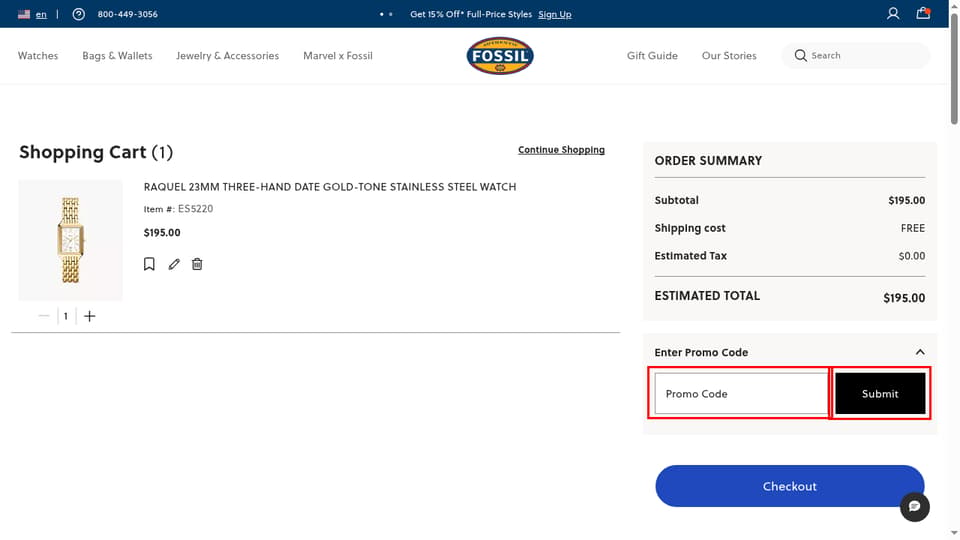 Fossil checkout page showing the Promo Code field and Submit button