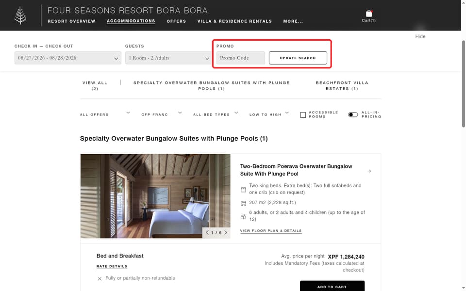 Four Seasons Hotels and Resorts checkout page showing the Promo Code field and UPDATE SEARCH button