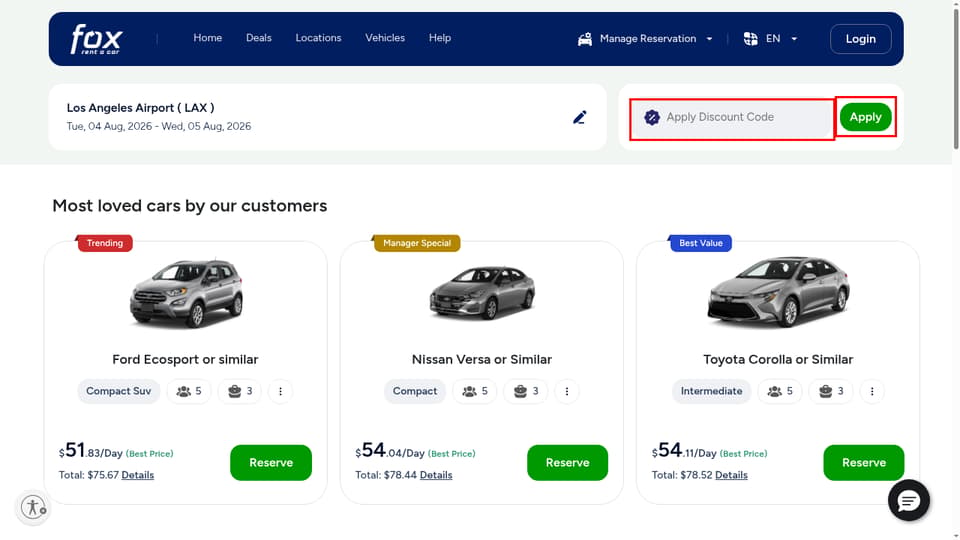 Fox Rent A Car checkout page showing the Apply Discount Code field and Apply button