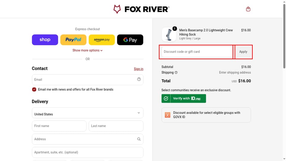 Fox River checkout page showing the Discount code or gift card field and Apply button