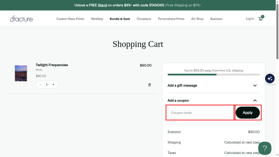 Fracture checkout page showing the Coupon code field and Apply button