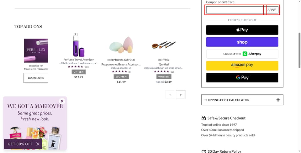 FragranceNet checkout page showing the 
