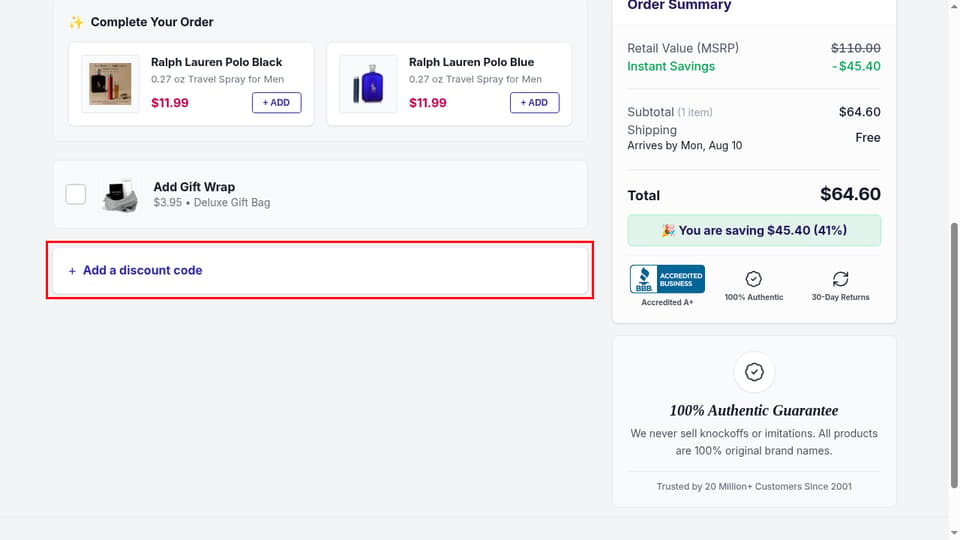 FragranceX checkout page showing the Add a discount code field and Apply button