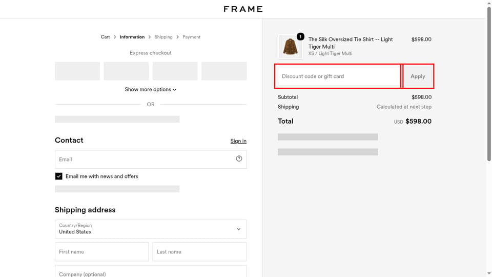 FRAME checkout page showing the Discount code or gift card field and Apply button
