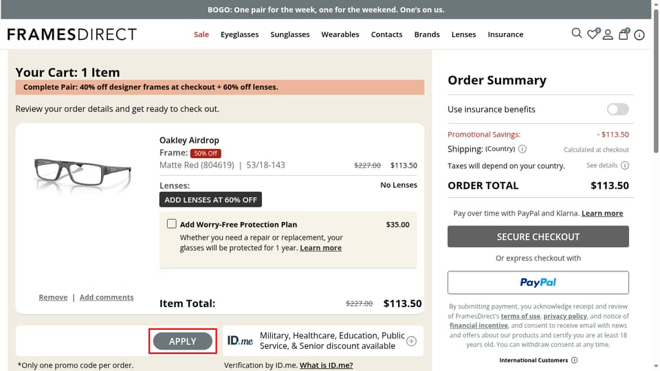Frames Direct checkout page showing the promo code field and APPLY button