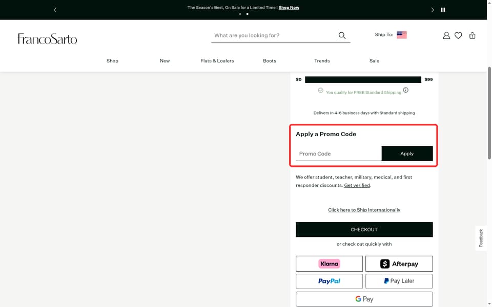 Franco Sarto checkout page showing the Promo Code field and Apply button
