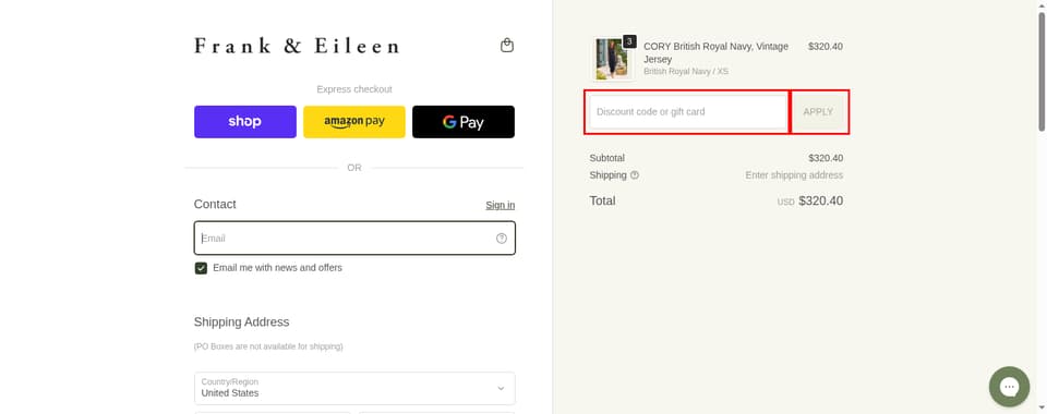 Frank & Eileen checkout page showing the 