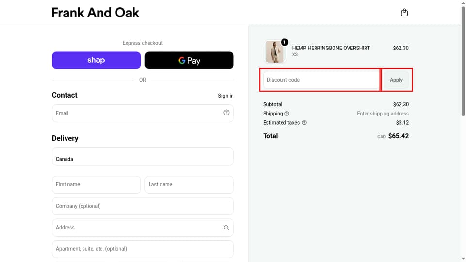 Frank And Oak checkout page showing the Discount code field and Apply button
