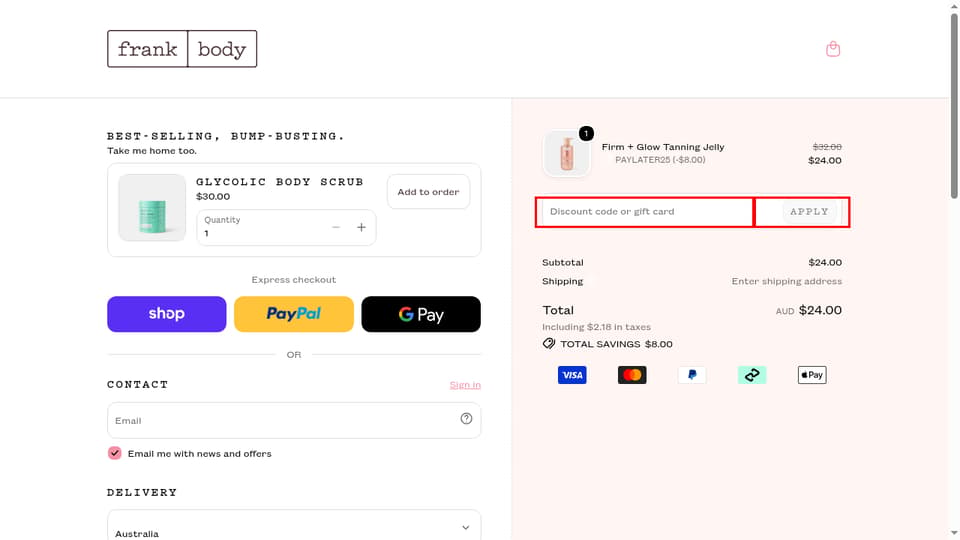 frank body checkout page showing the Discount code or gift card field and Apply button