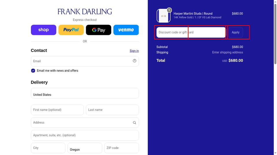 Frank Darling checkout page showing the Discount code or gift card field and Apply button