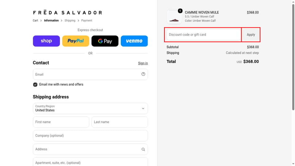 Freda Salvador checkout page showing the Discount code or gift card field and Apply button