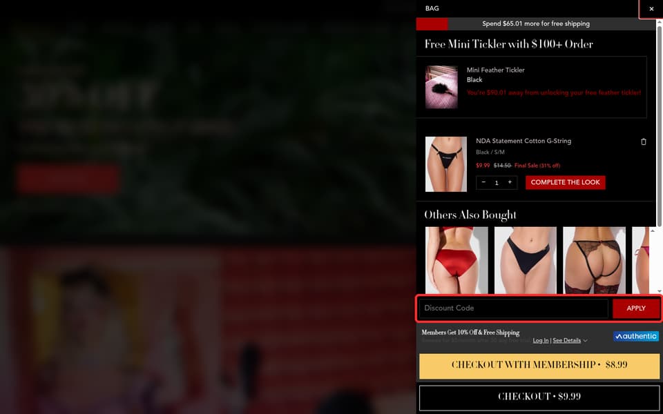 Frederick's of Hollywood checkout page showing the Discount Code field and Apply button