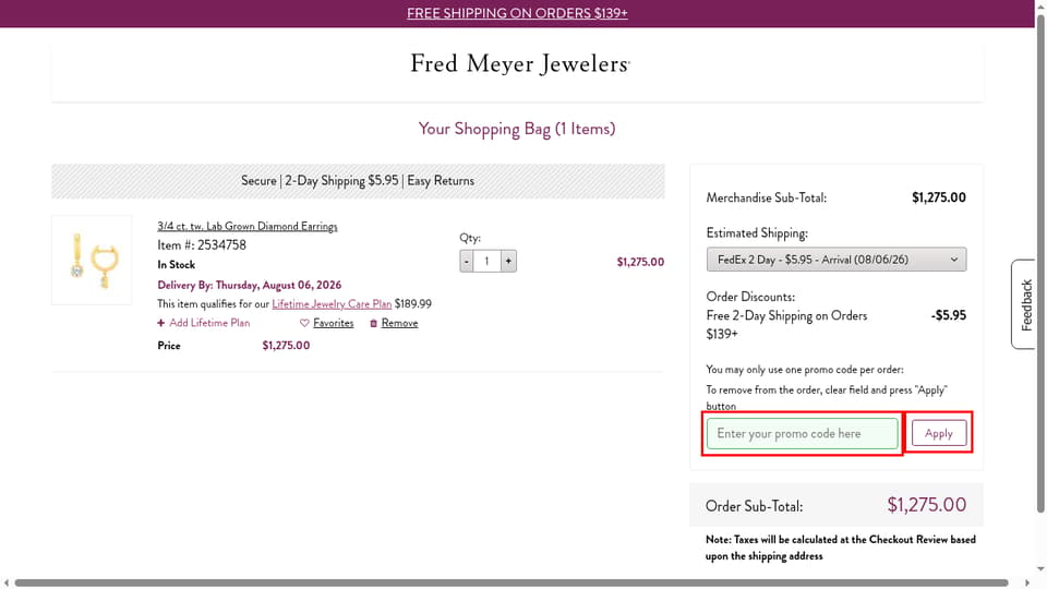 Fred Meyer Jewelers checkout page showing the Enter your promo code here field and Apply button