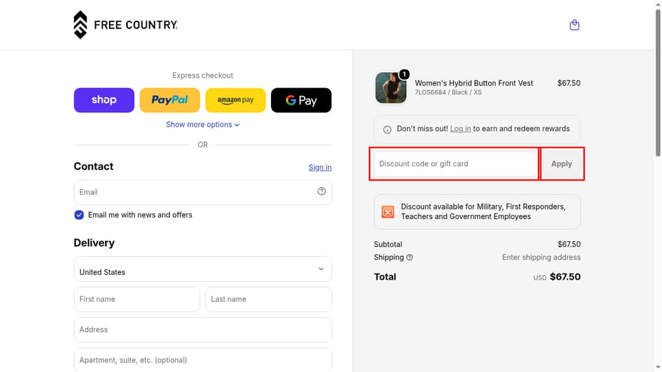 Free Country checkout page showing the Discount code or gift card field and Apply button