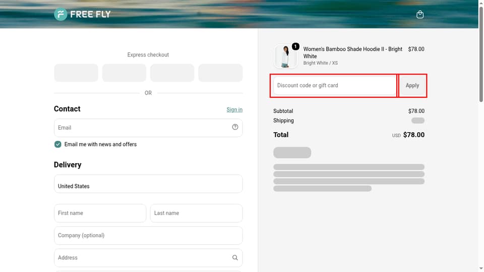 Free Fly Apparel checkout page showing the Discount code or gift card field and Apply button