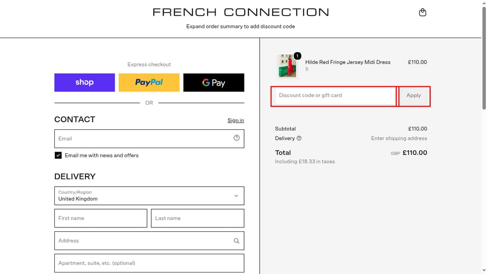 French Connection checkout page showing the Discount code or gift card field and Apply button