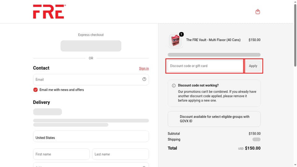 FRE Pouch checkout page showing the Discount code or gift card field and Apply button