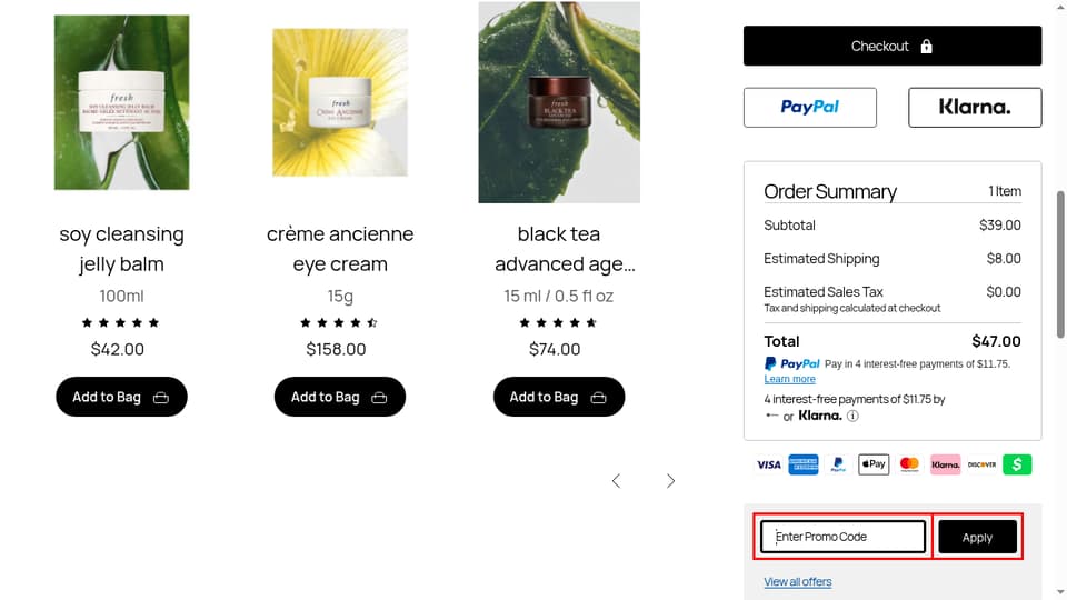 Fresh checkout page showing the Enter Promo Code field and Apply button