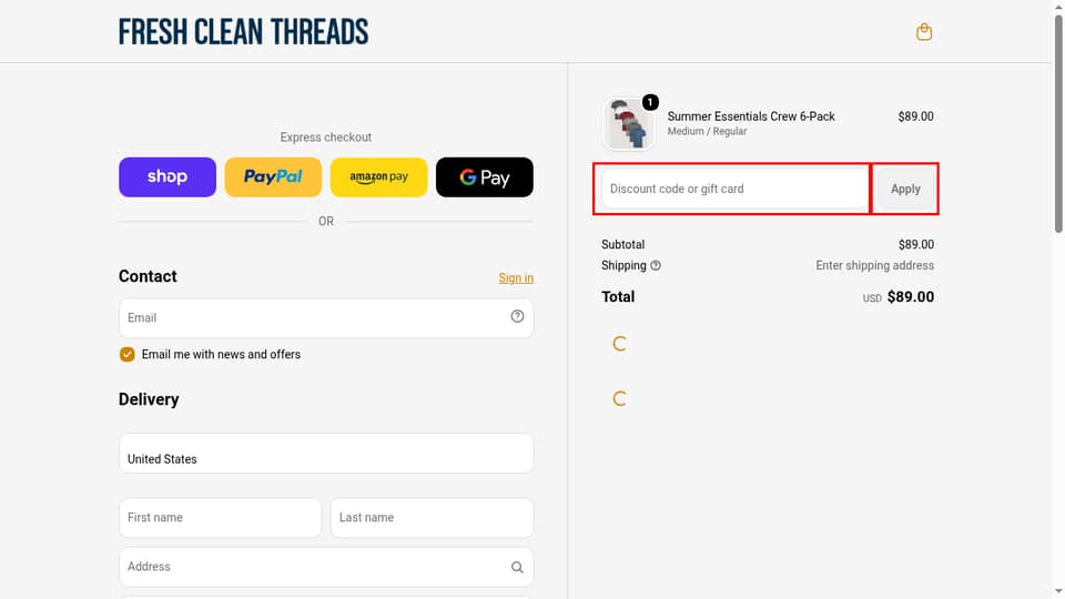 Fresh Clean Threads checkout page showing the Discount code or gift card field and Apply button