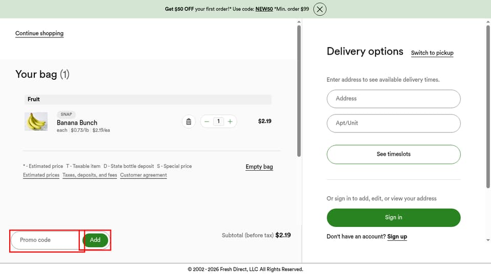 FreshDirect checkout page showing the Promo code field and Add button