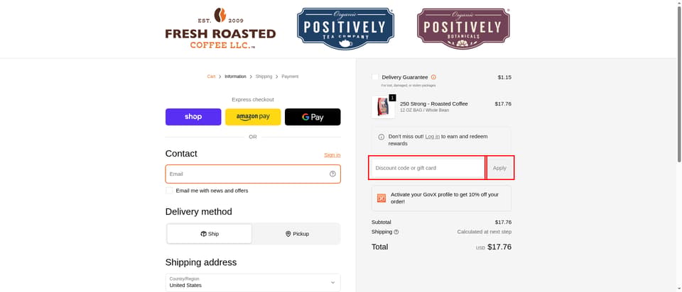 Fresh Roasted Coffee checkout page showing the 