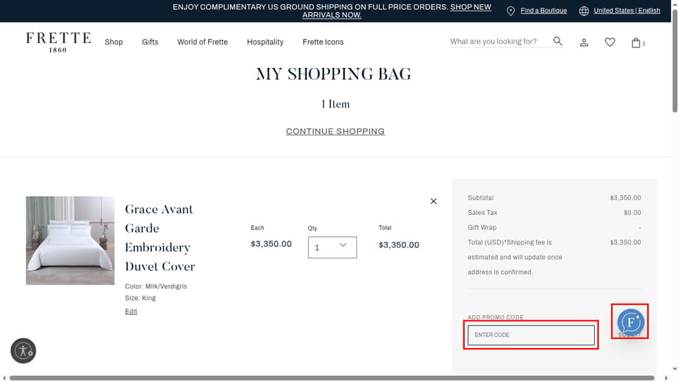 Frette checkout page showing the Enter Code field and Submit button