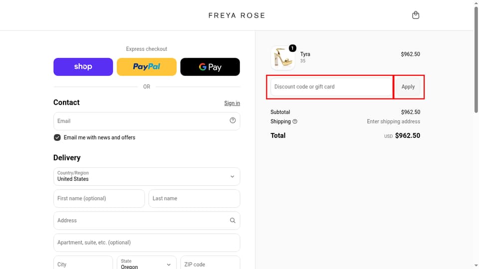 Freya Rose London checkout page showing the Discount code or gift card field and Apply button