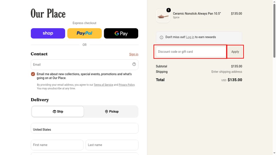 Our Place checkout page showing the Discount code or gift card field and Apply button