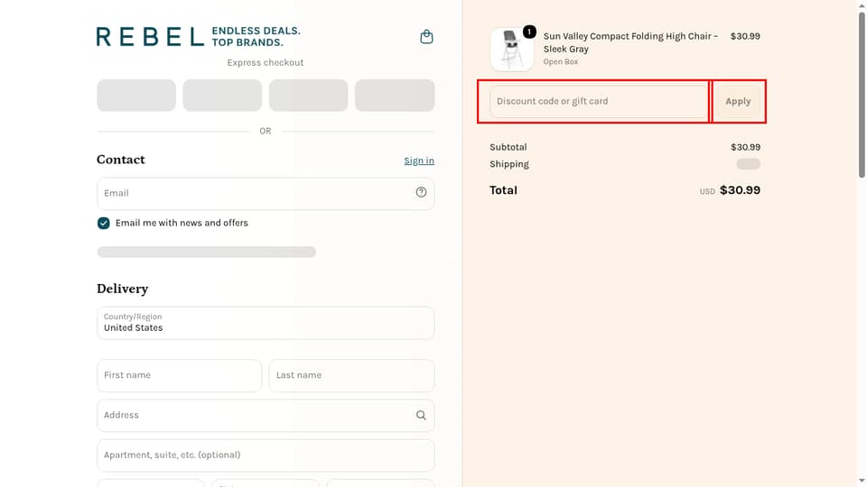 REBEL checkout page showing the Discount code or gift card field and Apply button