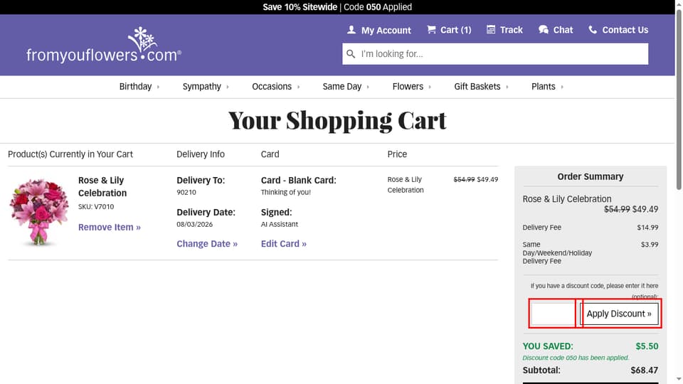 From You Flowers checkout page showing the If you have a discount code, please enter it here (optional): field and Apply Discount button