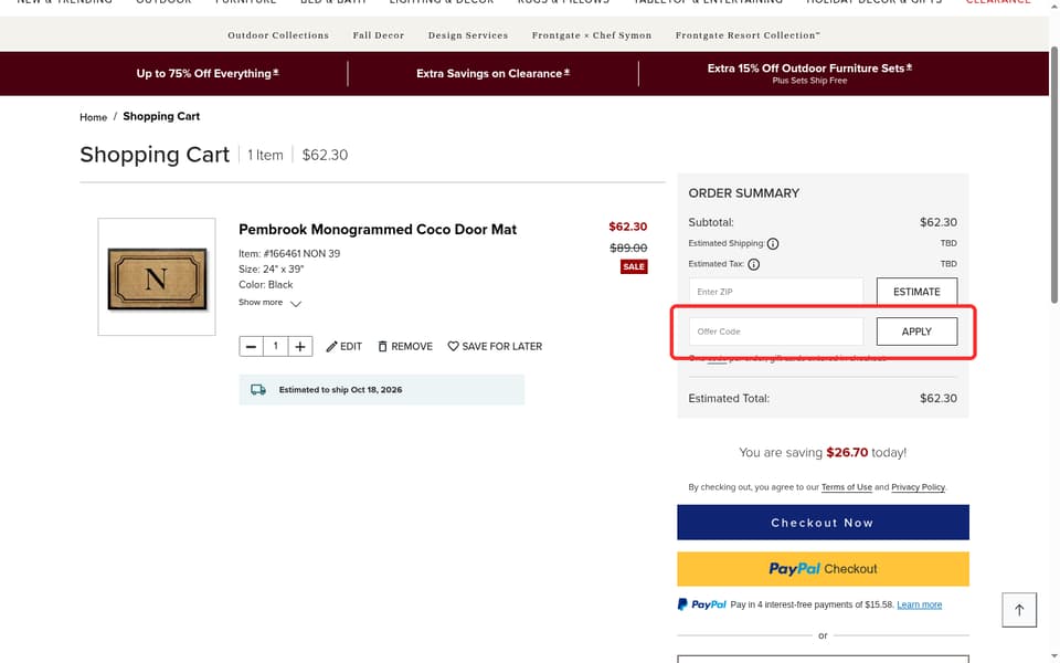 Frontgate checkout page showing the Offer Code field and Apply button