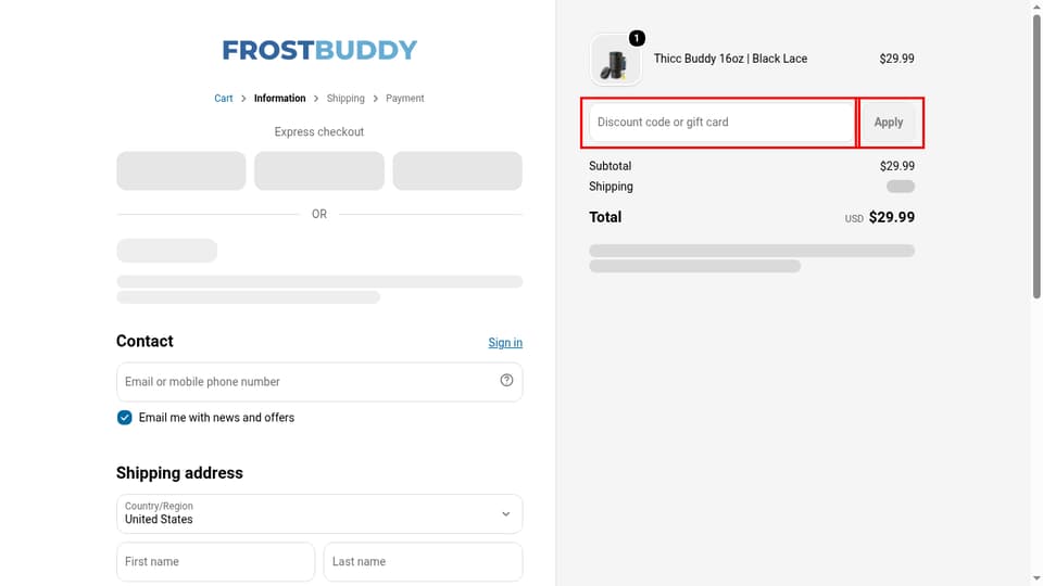 Frost Buddy checkout page showing the Discount code or gift card field and Apply button