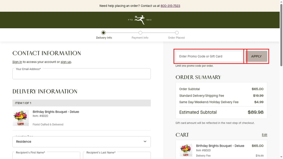 FTD (Florists’ Transworld Delivery) checkout page showing the Enter Promo Code or Gift Card field and Apply button
