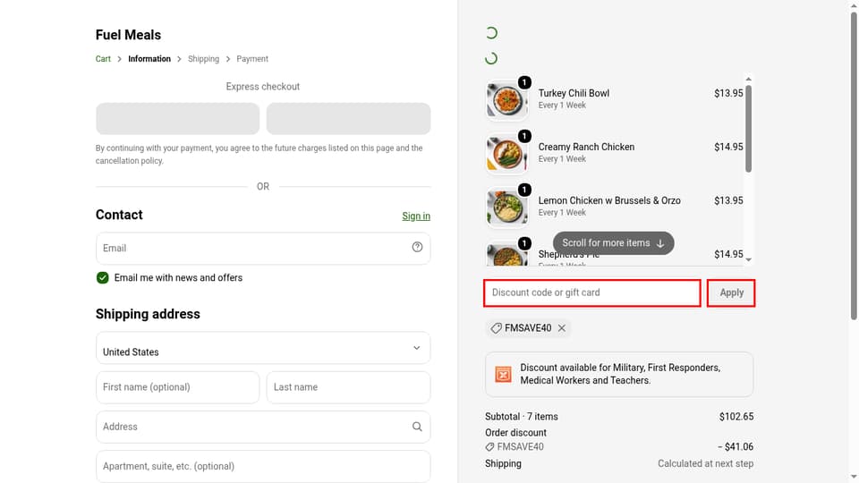 Fuel Meals checkout page showing the Discount code or gift card field and Apply button