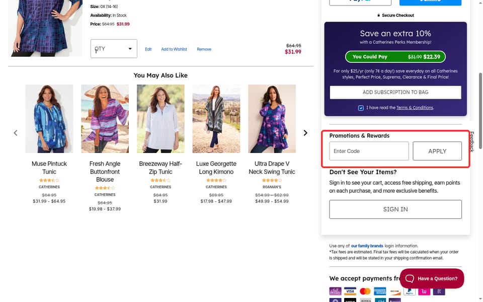 fullbeauty checkout page showing the Enter Code field and Apply button