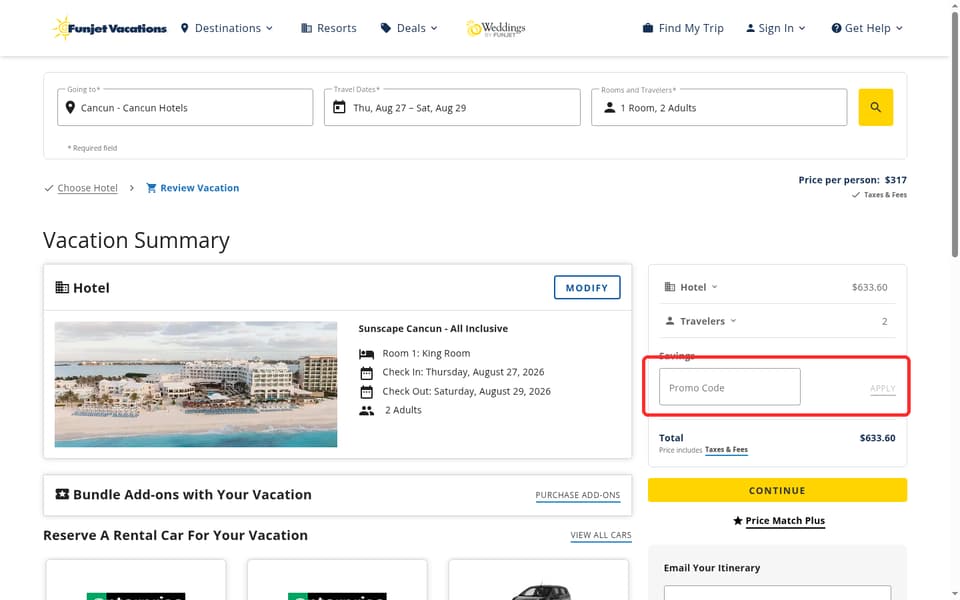 Funjet checkout page showing the Promo Code field and Apply button