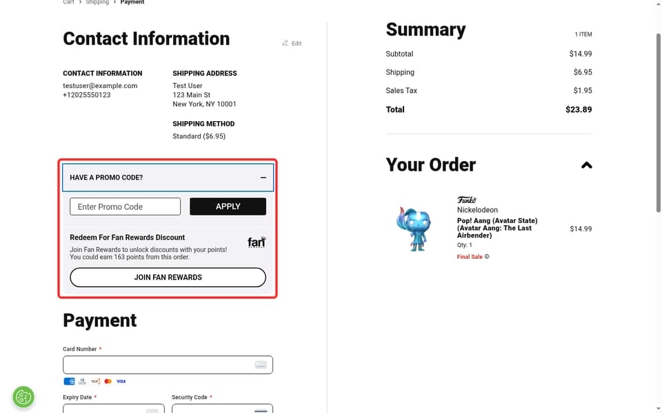 Funko checkout page showing the Enter Promo Code field and Apply button