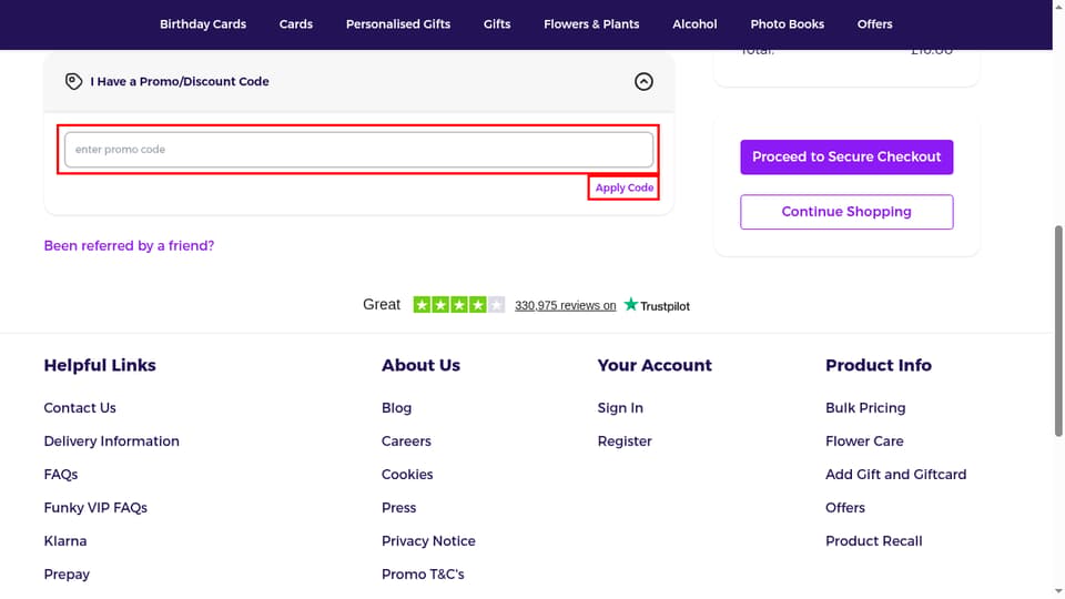 Funky Pigeon checkout page showing the enter promo code field and Apply Code button