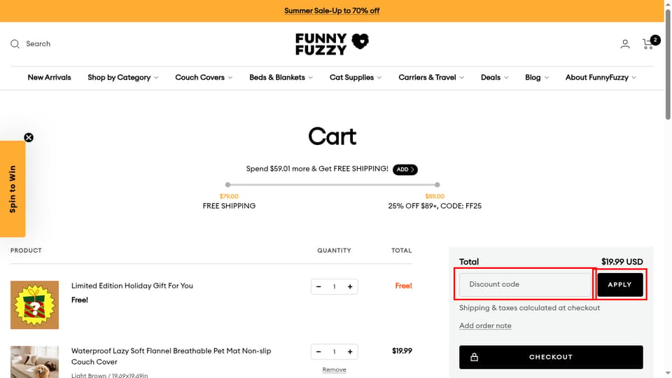 FunnyFuzzy checkout page showing the Discount code field and APPLY button