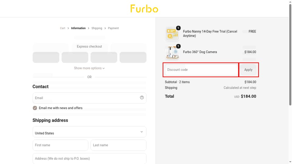 Furbo checkout page showing the Discount code field and Apply button