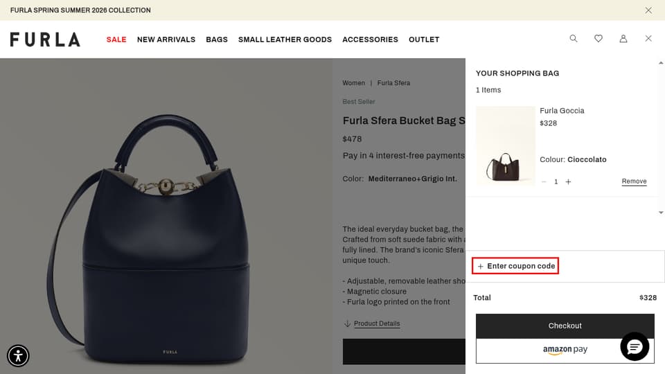 Furla checkout page showing the Enter coupon code field and Apply code button