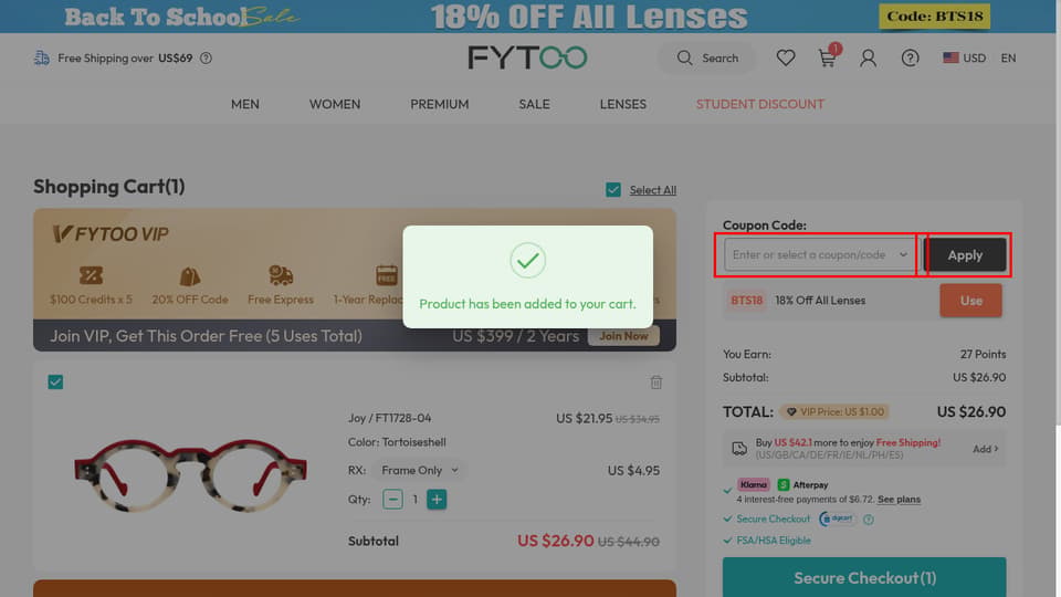 FYTOO checkout page showing the Enter or select a coupon/code field and Apply button