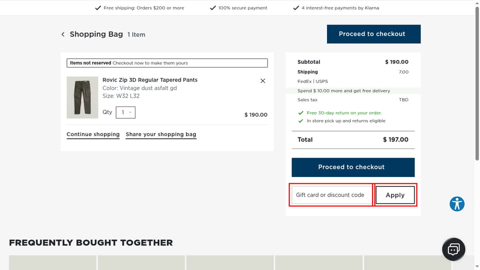 G-Star RAW checkout page showing the Gift card or discount code field and Apply button