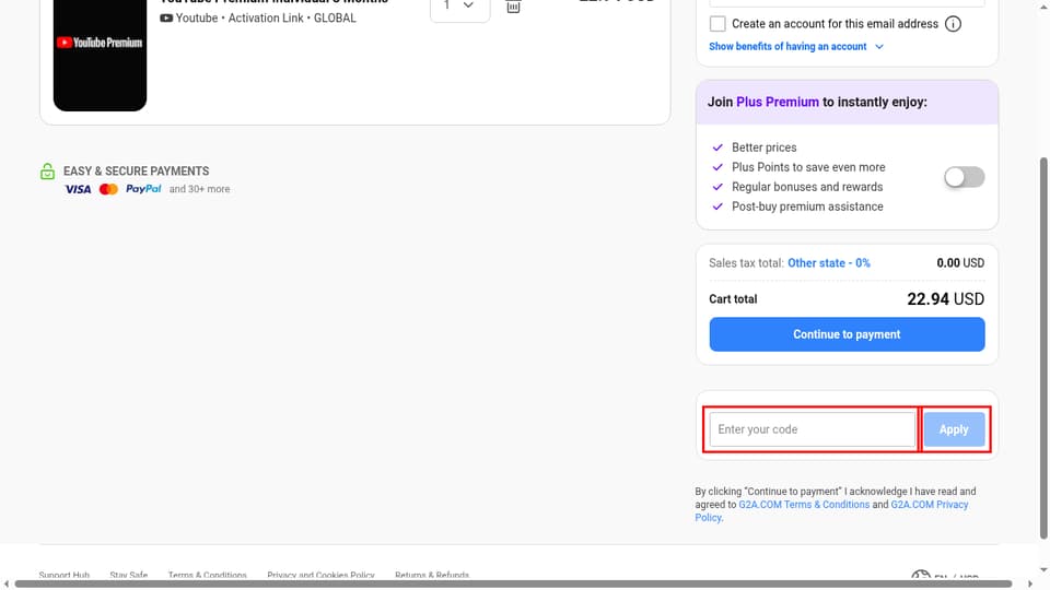 G2A checkout page showing the Enter your code field and Apply button