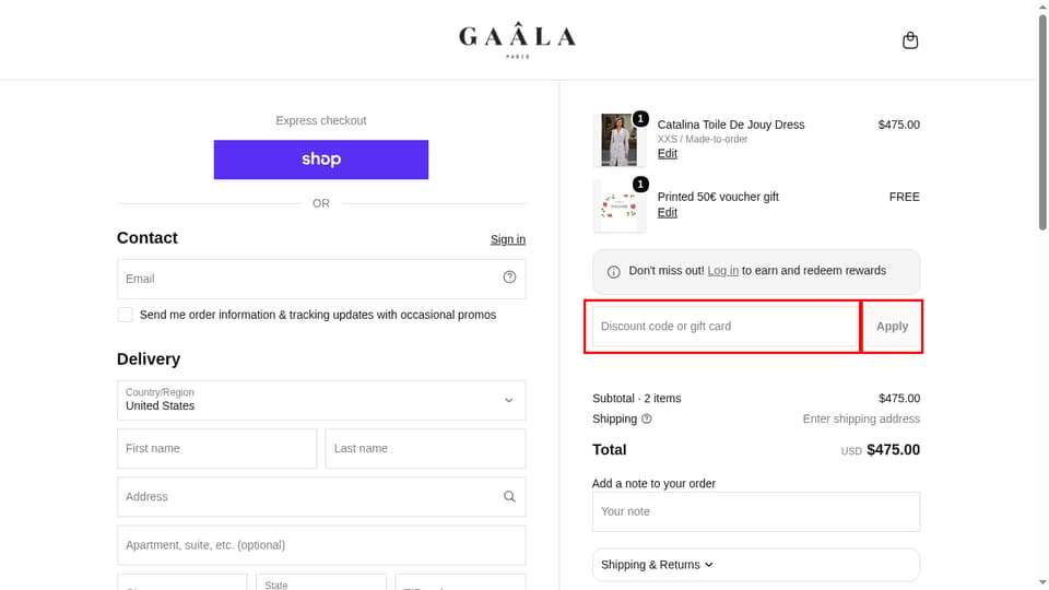 Gaâla checkout page showing the Discount code or gift card field and Apply button