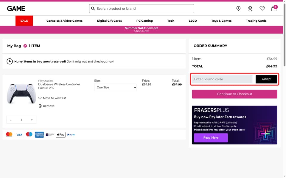 GAME checkout page showing the Enter promo code field and APPLY button