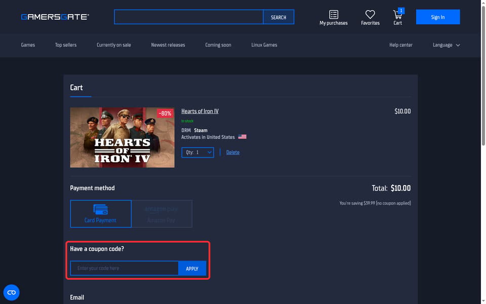 GamersGate checkout page showing the Enter your code here field and Apply button